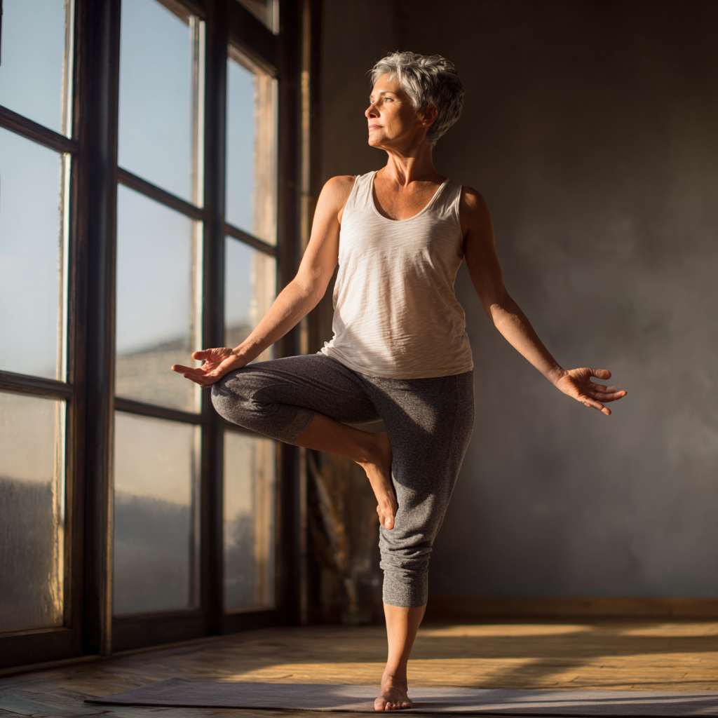 Mature adult practicing yoga pose demonstrating balance and concentration in natural light setting