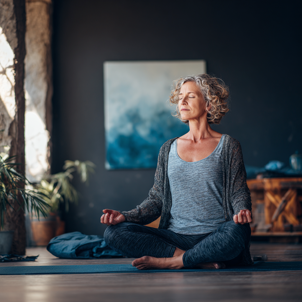 Middle-aged woman in comfortable meditation pose on yoga mat in peaceful studio environment